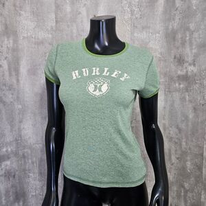 Y2k Hurley Womens‎ S Green Baby T Shirt Short Sleeve Ringer Crop Skater